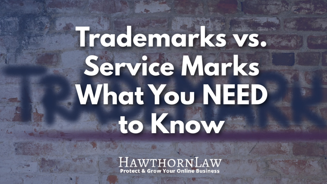 differences between trademarks and service marks overlayed on a brick wall with trademarks spray painted